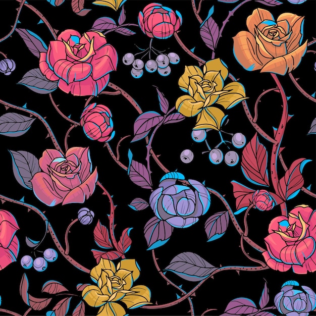 Seamless pattern flowers roses and branches vector illustration