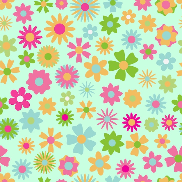 Seamless pattern of flowers in various colors and shapes
