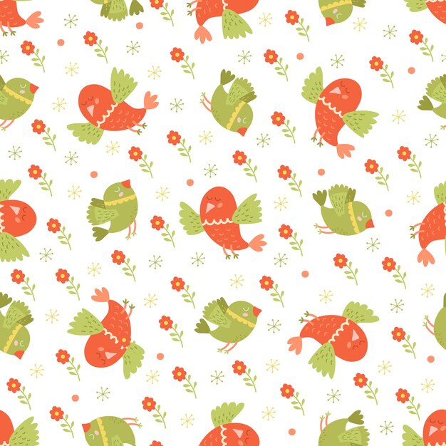 Seamless pattern.  Flying cartoon red and green birds on white background. For kids and children