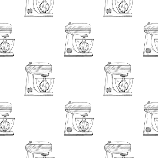 Seamless pattern. food processor on white background.  illustrations in sketch style