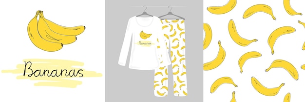 Бесшовный узор для детей девочек женщин с бананами на белом фоне симпатичные женские пижамы