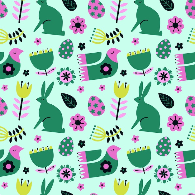 토끼 꽃 새 알 잎으로 유행하는 현대적인 스타일의 부활절을 위한 완벽한 패턴