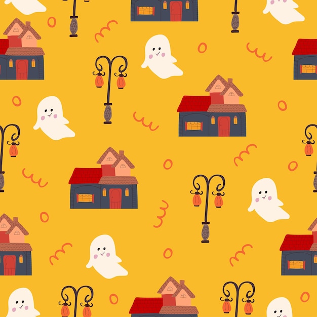 귀여운 만화 유령과 손으로 그린 집으로 할로윈 휴가를 위한 완벽한 패턴입니다.