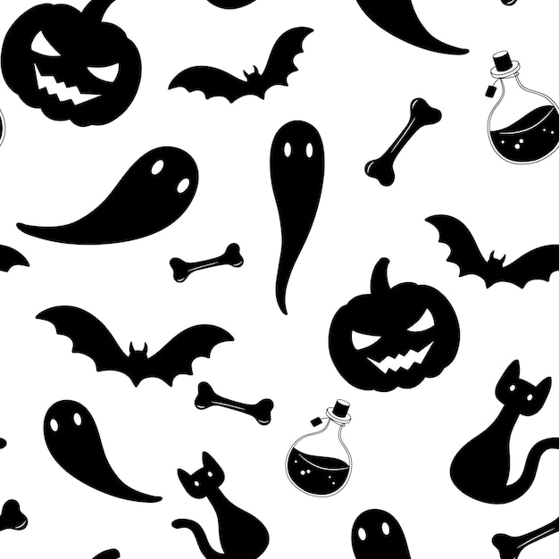 유령 호박과 박쥐 벡터 흑백 끝 없는 패턴 할로윈 파티에 대 한 완벽 한 패턴