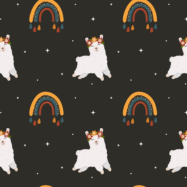 Бесшовный рисунок для ребенка с милой альпакой, ламой и радугой детский фон для упаковки футболок с принтом, оберточной бумаги и т. д. векторный фон животных