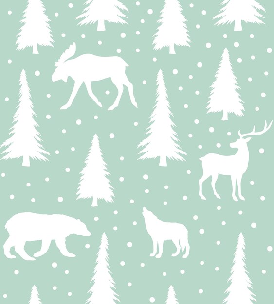 Seamless pattern of forest animals and trees silhouettes