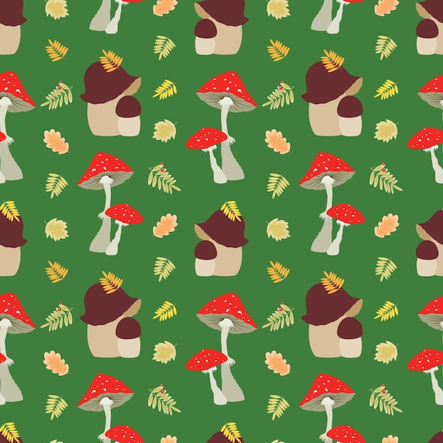 Seamless pattern of forest mushrooms with fall leaves