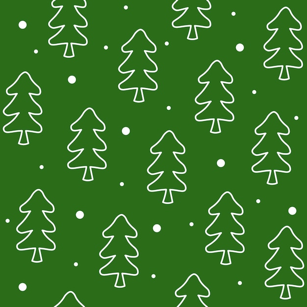 Seamless pattern forest trees in doodle style on green background Wrapping Christmas texture