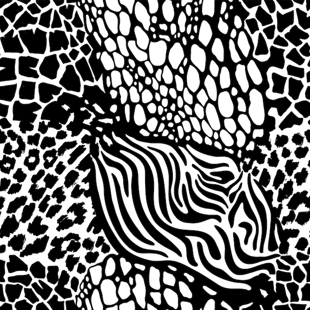 Seamless pattern of four animal prints of zebra tiger lizard giraffe