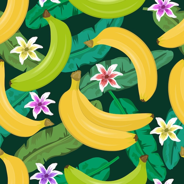 Modello senza cuciture di frutta fresca di banana con foglie tropicali e bellissimi fiori