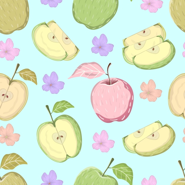 열 대 잎과 꽃과 신선한 육즙 사과 과일 조각의 완벽 한 패턴