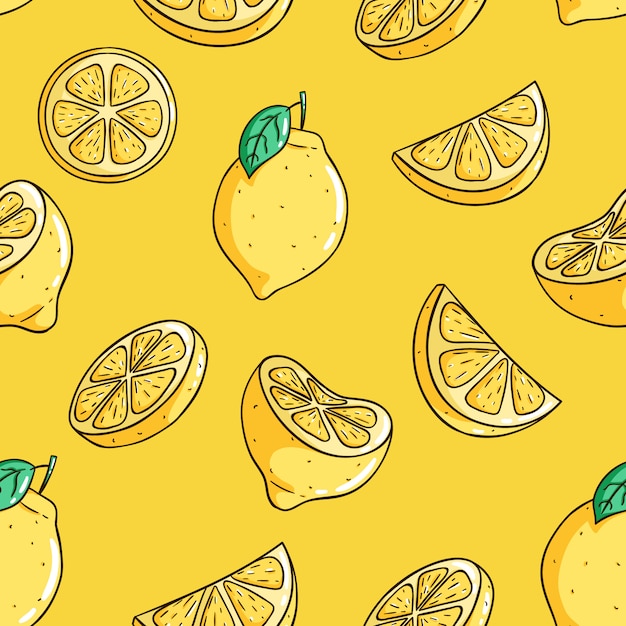 Seamless pattern of fresh lemon fruits with colored doodle style on yellow background