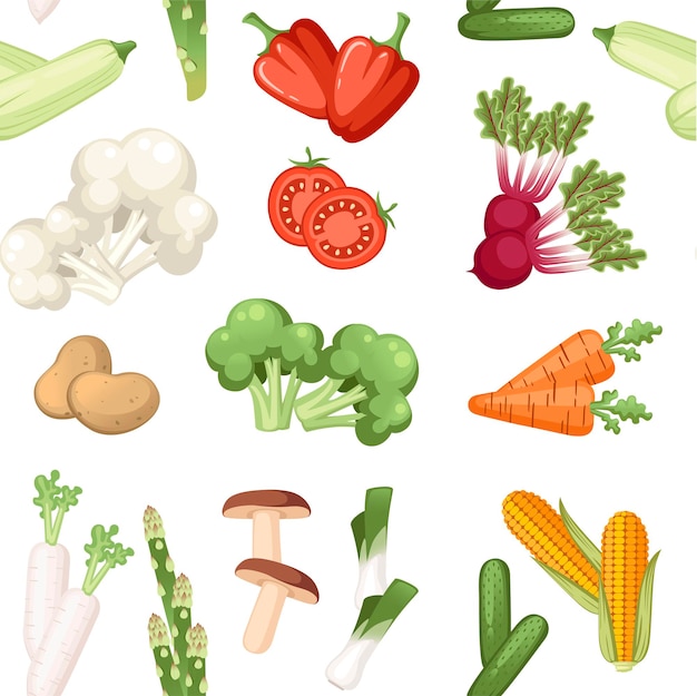 Vector seamless pattern of fresh raw vegetables flat vector illustration on white background.