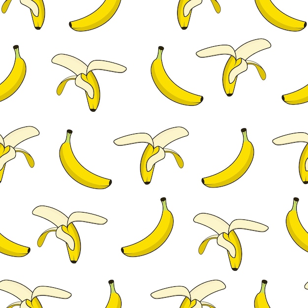 Seamless pattern of fresh yellow bananas isolated on white background for fabric textile design