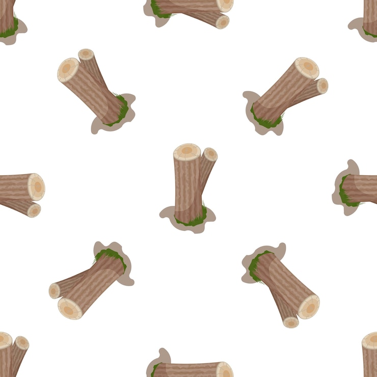 Vector seamless pattern of freshly cut tree stumps and logs on white background