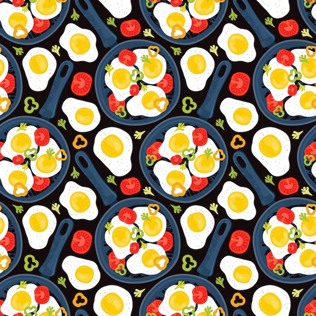 Seamless pattern fried eggs in a frying pan with vegetables, tomatoes, peppers. healthy brunch on a table. hand drawn background fresh homemade meal. traditional breakfast food. international cuisine