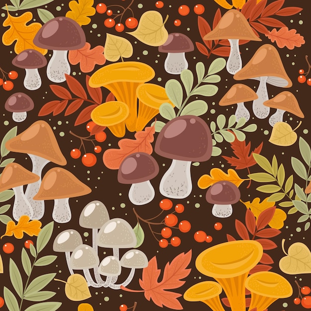 Seamless pattern from autumn leaves and mushrooms red berries on dark background