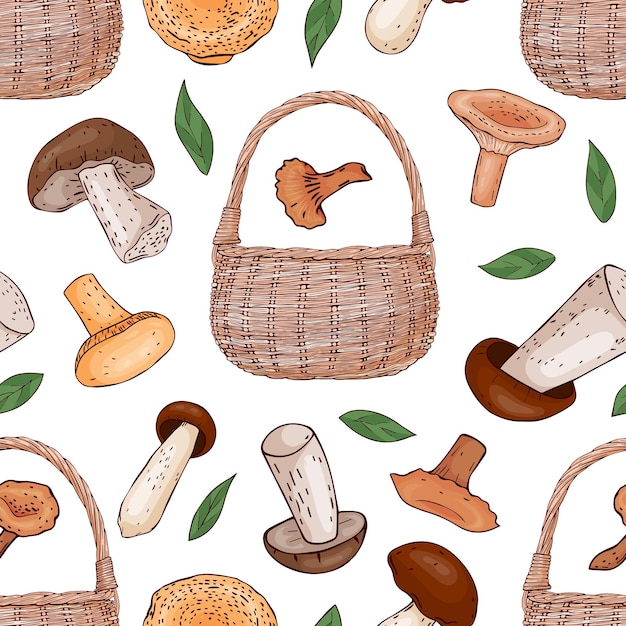 Seamless pattern from color hand drawn mushrooms, leaves and basket. Vector illustration. Line art.