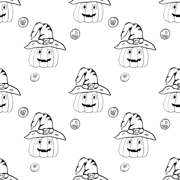 seamless pattern from pumpkin with hat.  Pattern for Halloween