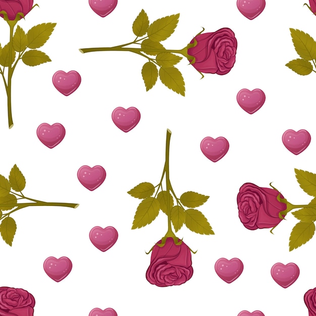 Vector seamless pattern from red roses and hearts on white background romantic floral cute pattern vector illustration