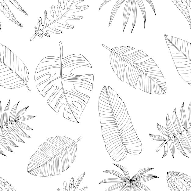 Seamless pattern from a set of tropical or forest leaves of black sketch on a white background