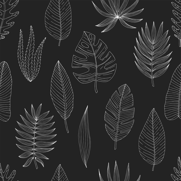 Seamless pattern from a set of tropical or forest leaves of white sketch on a black background