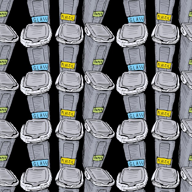 Vector seamless pattern from sketches of sorting trash cans with plasticglasspaper
