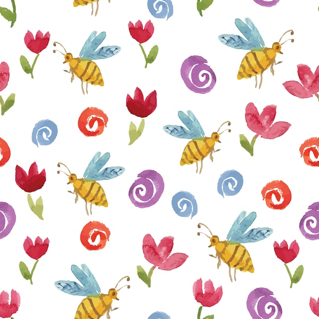 Vector seamless pattern from watercolor drawings of cartoon bees flowers and abstract brush strokes
