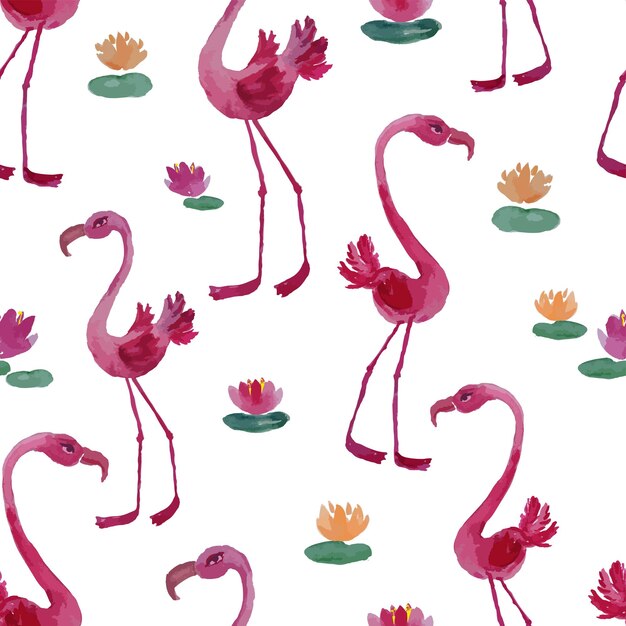 Seamless pattern from watercolor drawings of cartoon pink flamingos and water lilies
