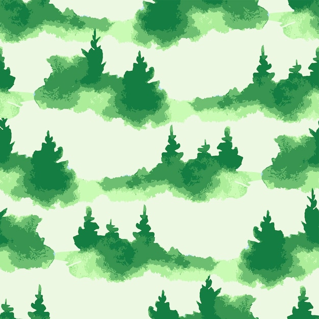 Seamless pattern from watercolor drawings of silhouettes green fir trees