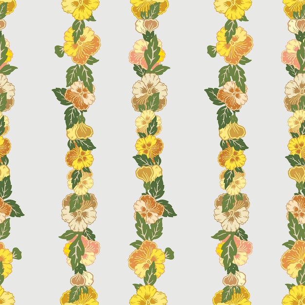 Seamless pattern from yellow vintage pansies flowers in rows