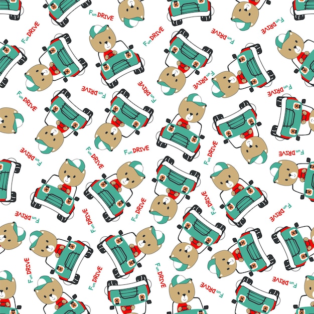 Seamless pattern of funny bear driving the blue car