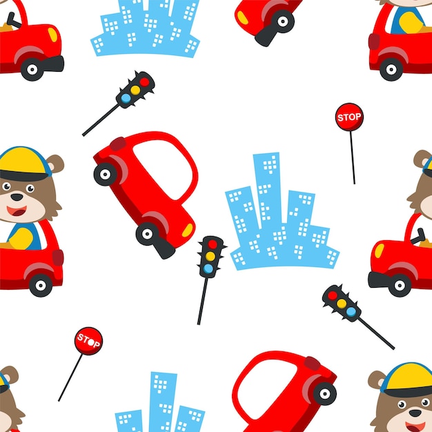 Seamless pattern of funny bear driving car in the road