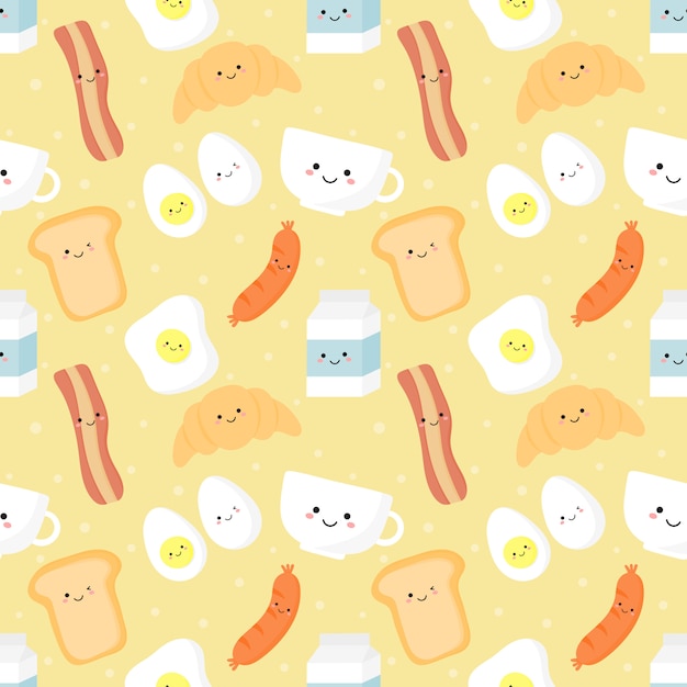 Seamless pattern funny breakfast food and drinks characters kawaii style