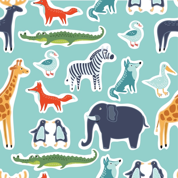 seamless pattern of funny cute animals stickers