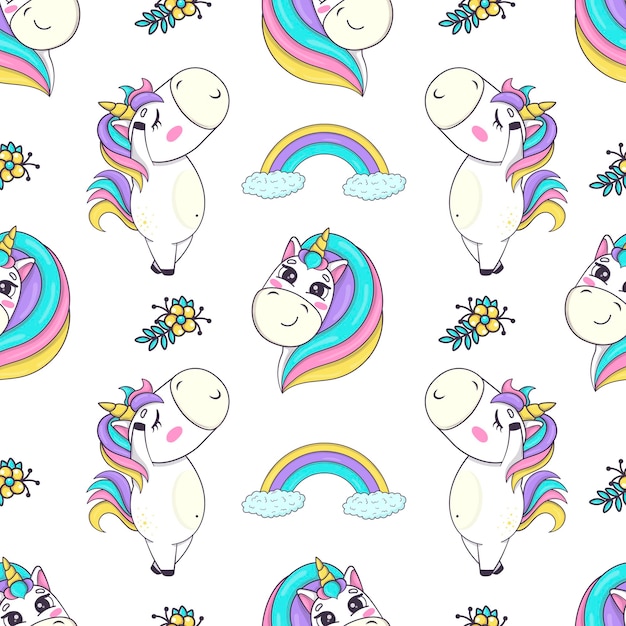 Seamless pattern of funny kawaii unicorns dancing in anime style