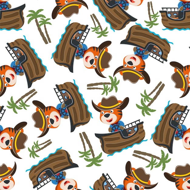 Seamless pattern of funny tiger on little boat with cartoon style