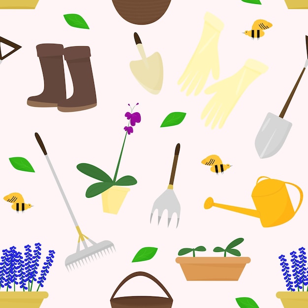 꽃과 꿀벌 벡터 평면 그림과 정원 도구와 묘목의 원활한 패턴