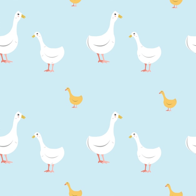 Vector seamless pattern of geese and goslings on a blue background. minimalistic print for printing on fabric, paper, background screensavers. lovely birds. vector illustration, cartoon style