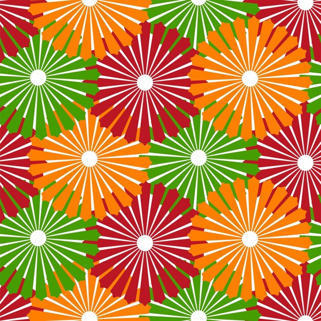 Seamless pattern of geometric flowers in red yellow and green Vector illustration