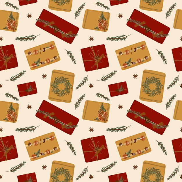 Seamless pattern of gift boxes from kraft paper. Eco packing of Christmas and New Year gifts with natural materials. background for textile design, digital paper, wrappers. vector illustration