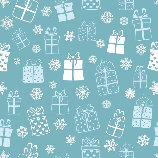 Seamless pattern of gift boxes and snowflakes white on blue