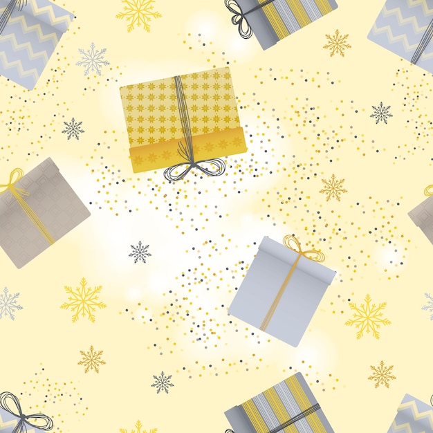 Seamless pattern of gifts snowflakes and confetti