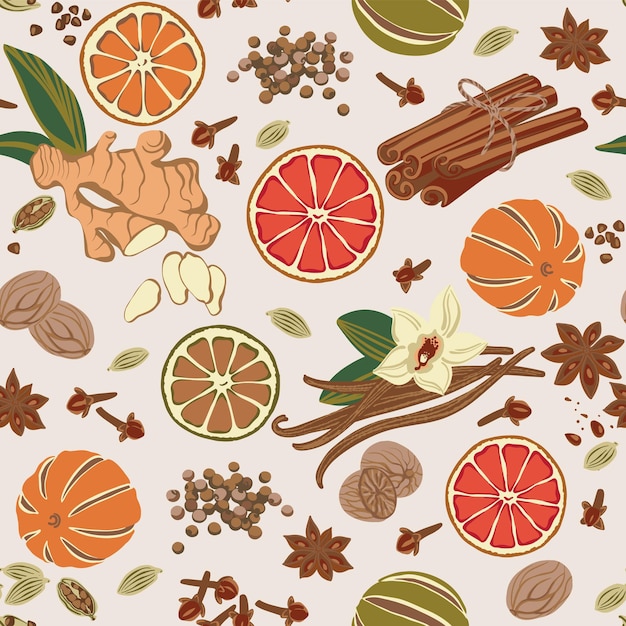 Seamless pattern ginger, cinnamon, cloves, cardamom, vanilla, dried, oranges, star anise, nutmeg