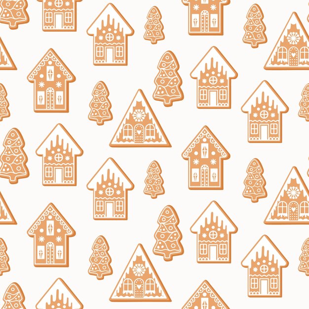 Seamless pattern of gingerbread Christmas house and trees cookies on isolated background