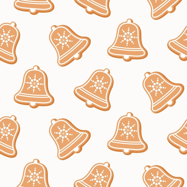 Vector seamless pattern of gingerbread christmas jingle bells cookies on isolated background