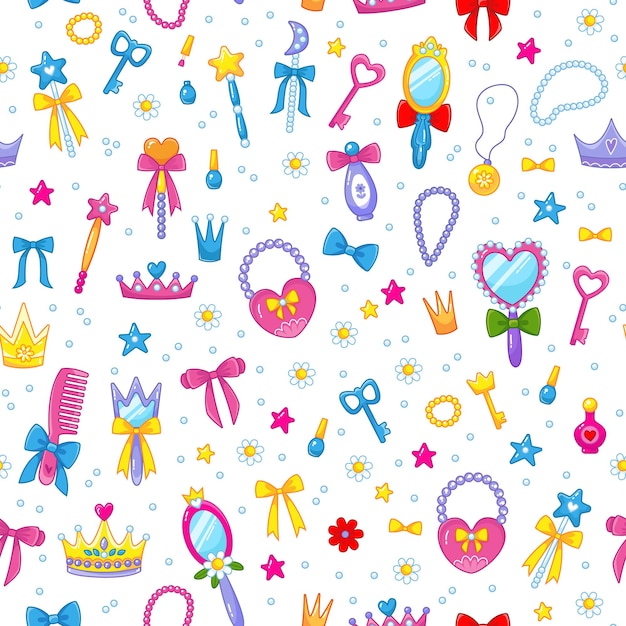 Seamless pattern for girls with princess beauty items on a white background Hairbrush magic wand