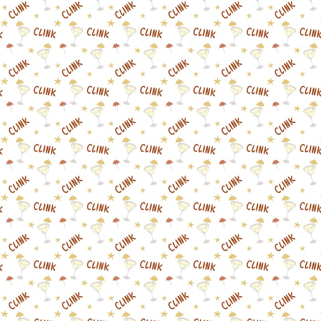 Seamless pattern glass of cocktails with umbrella, clink and stars. hand drawing. vector illustration. isolated white background.