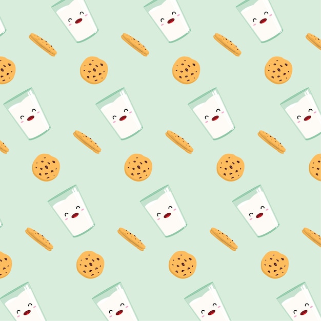 Seamless pattern glass of milk and chocolate chip cookies