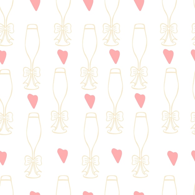 Seamless pattern of glasses with champagne and hearts on a white background